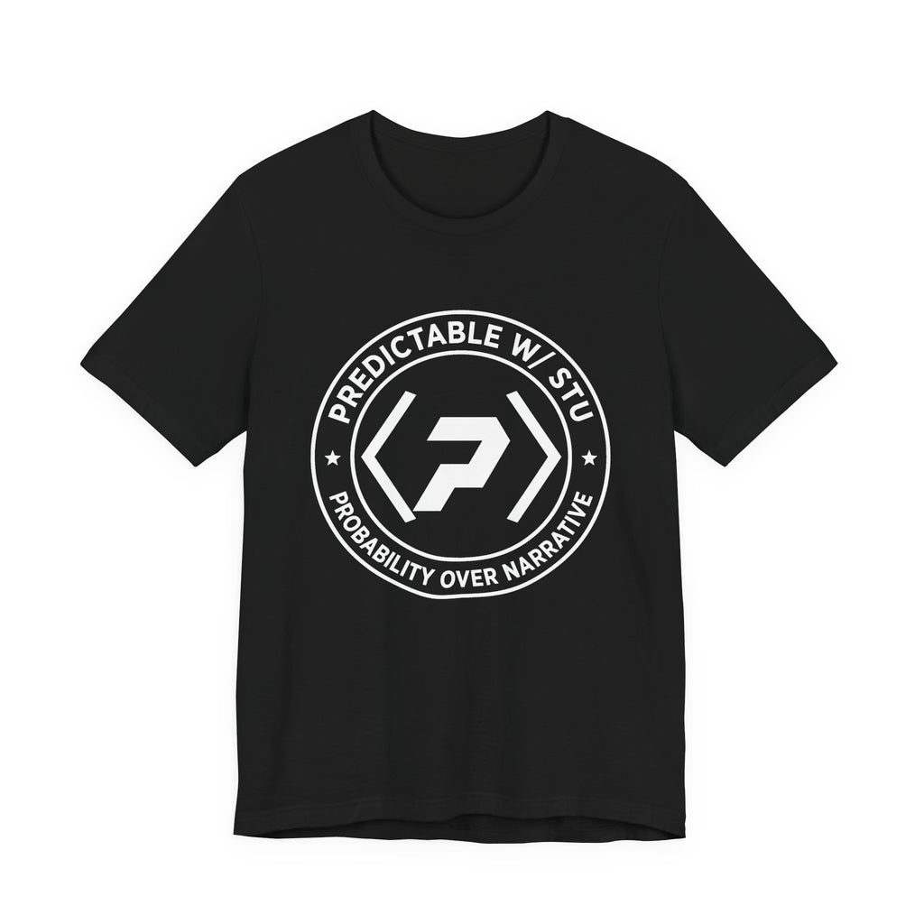 Front of the black PREDICTABLE Badge Crest Tee showing the chest graphic.
