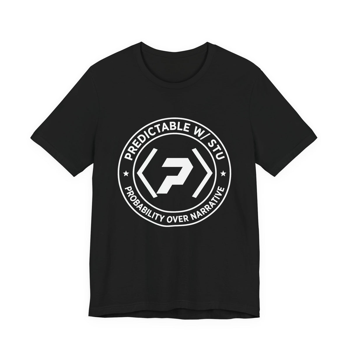 Front of the black PREDICTABLE Badge Crest Tee showing the chest graphic.