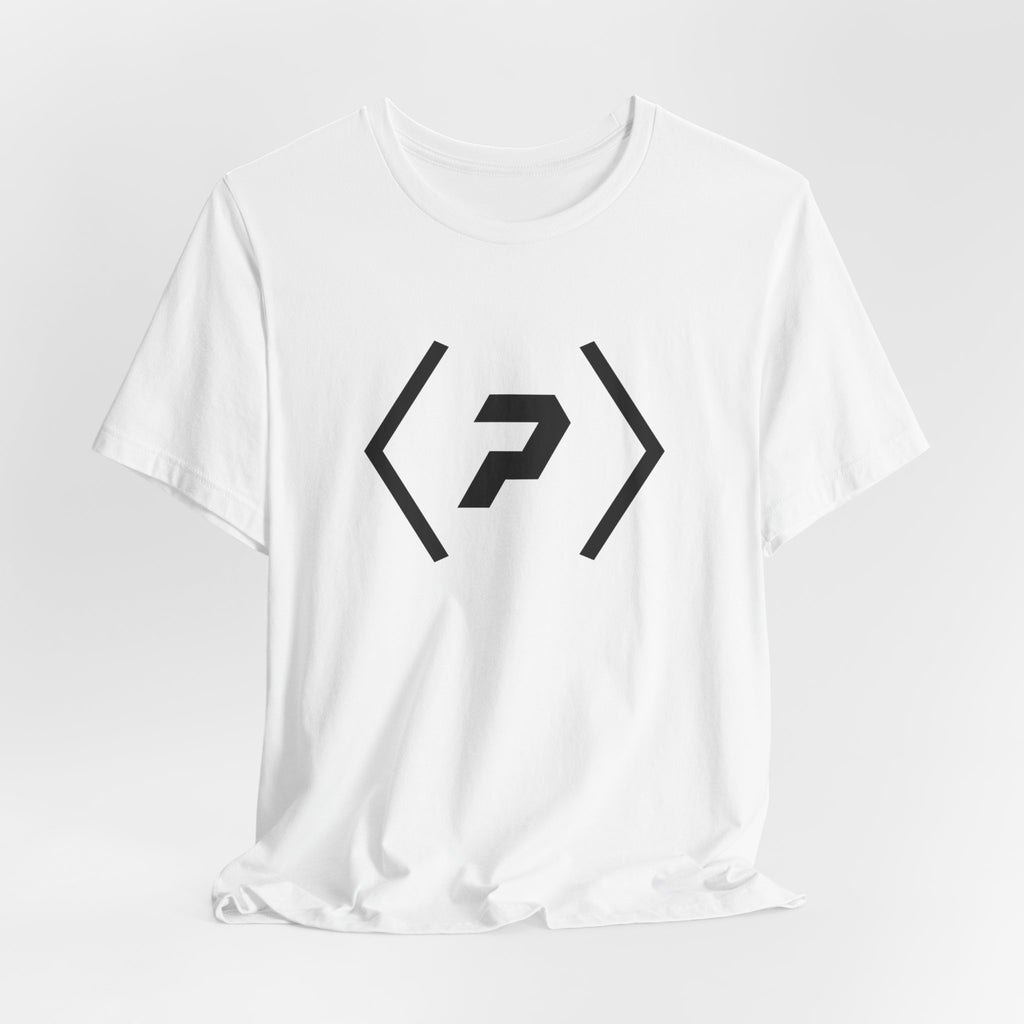 White PREDICTABLE Official Logo Tee draped against a light gray backdrop.