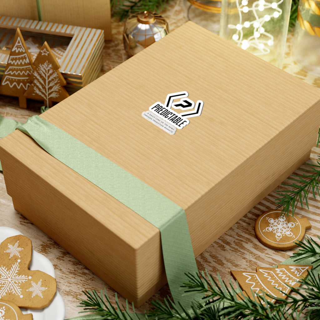 PREDICTABLE logo, wordmark and tagline sticker on a wrapped gift box.