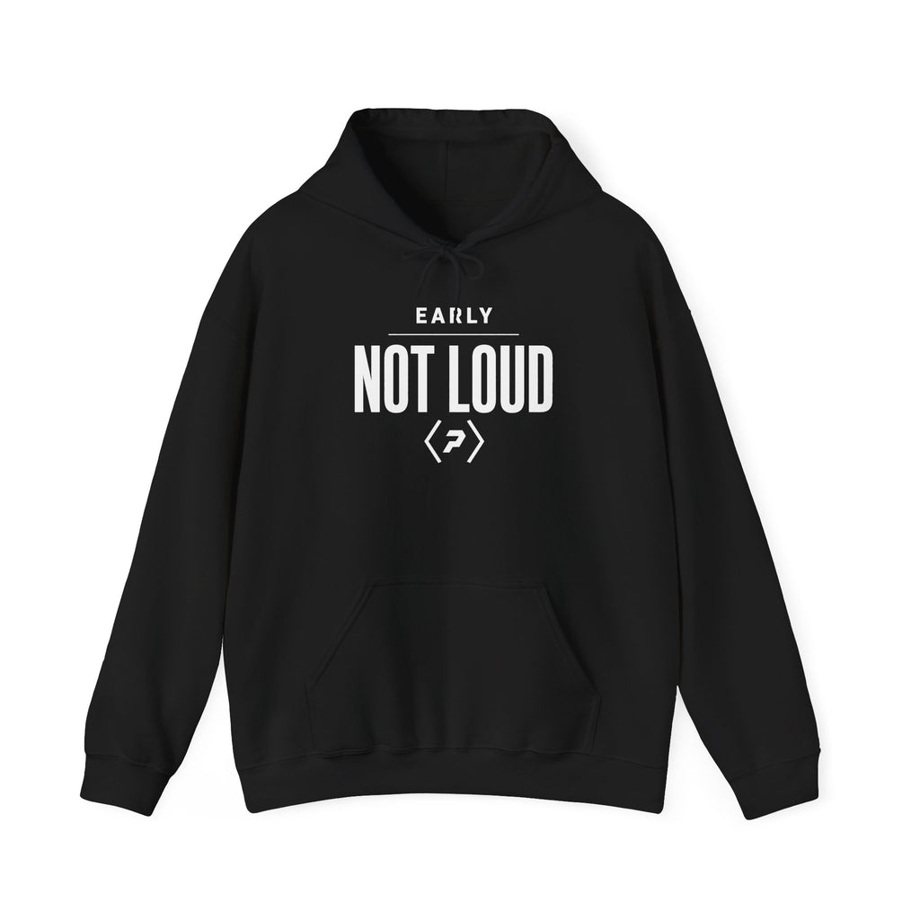 Front of the black PREDICTABLE Early Not Loud Hoodie showing the chest graphic.