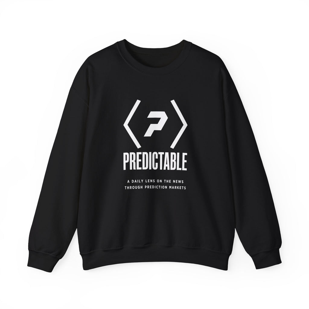 Front of the black PREDICTABLE Wordmark Lockup Crewneck Sweatshirt showing the white chest graphic.