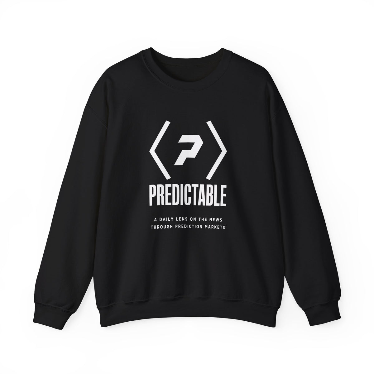 Front of the black PREDICTABLE Wordmark Lockup Crewneck Sweatshirt showing the white chest graphic.