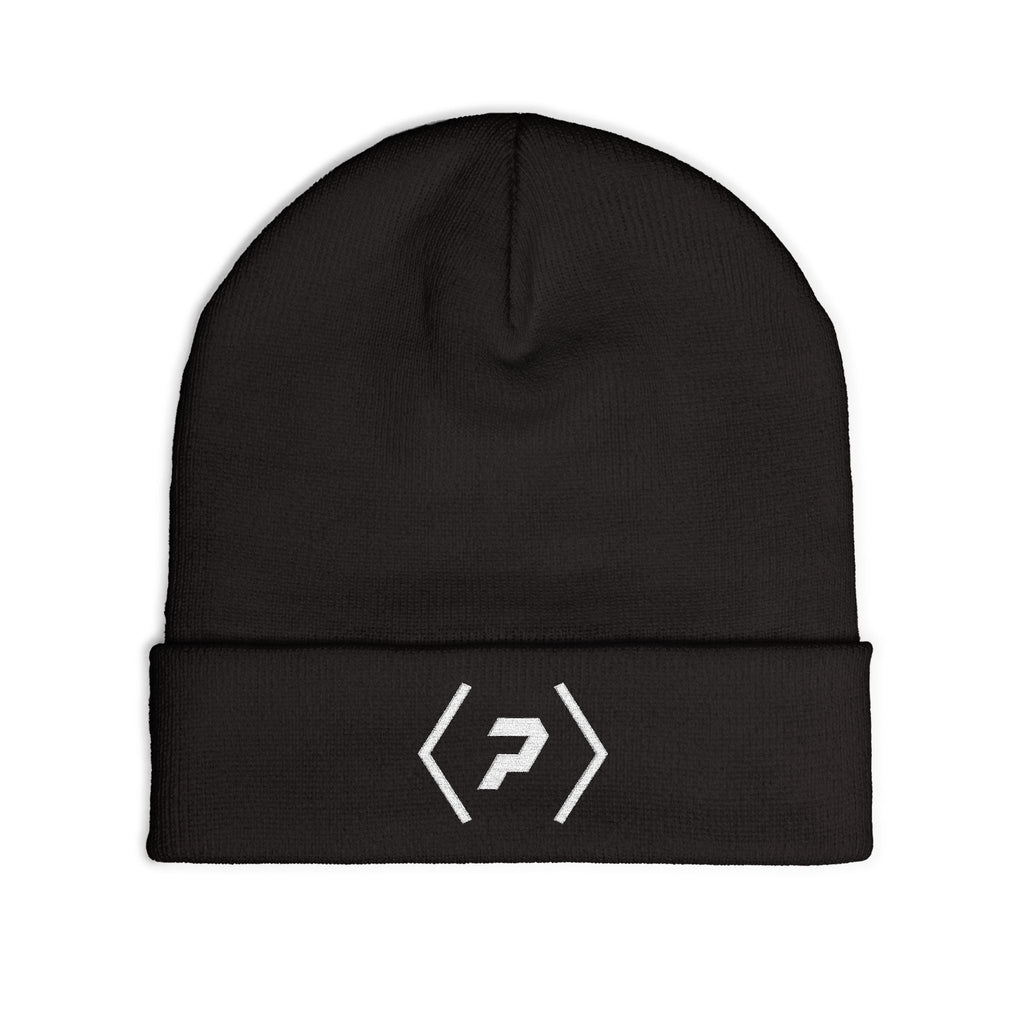 Flat front view of the black PREDICTABLE Official Logo Beanie showing white embroidery.
