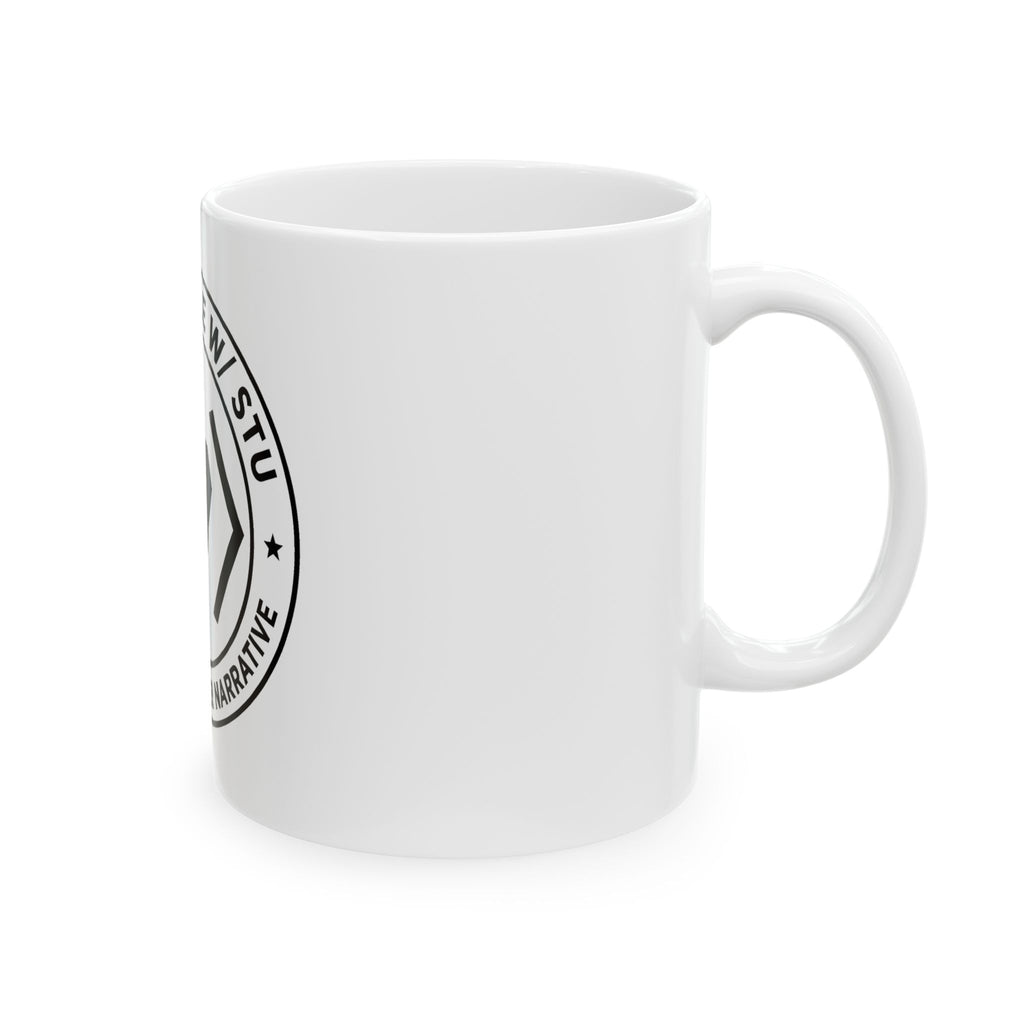 White PREDICTABLE Badge Crest mug, 11 oz, right-handle side view