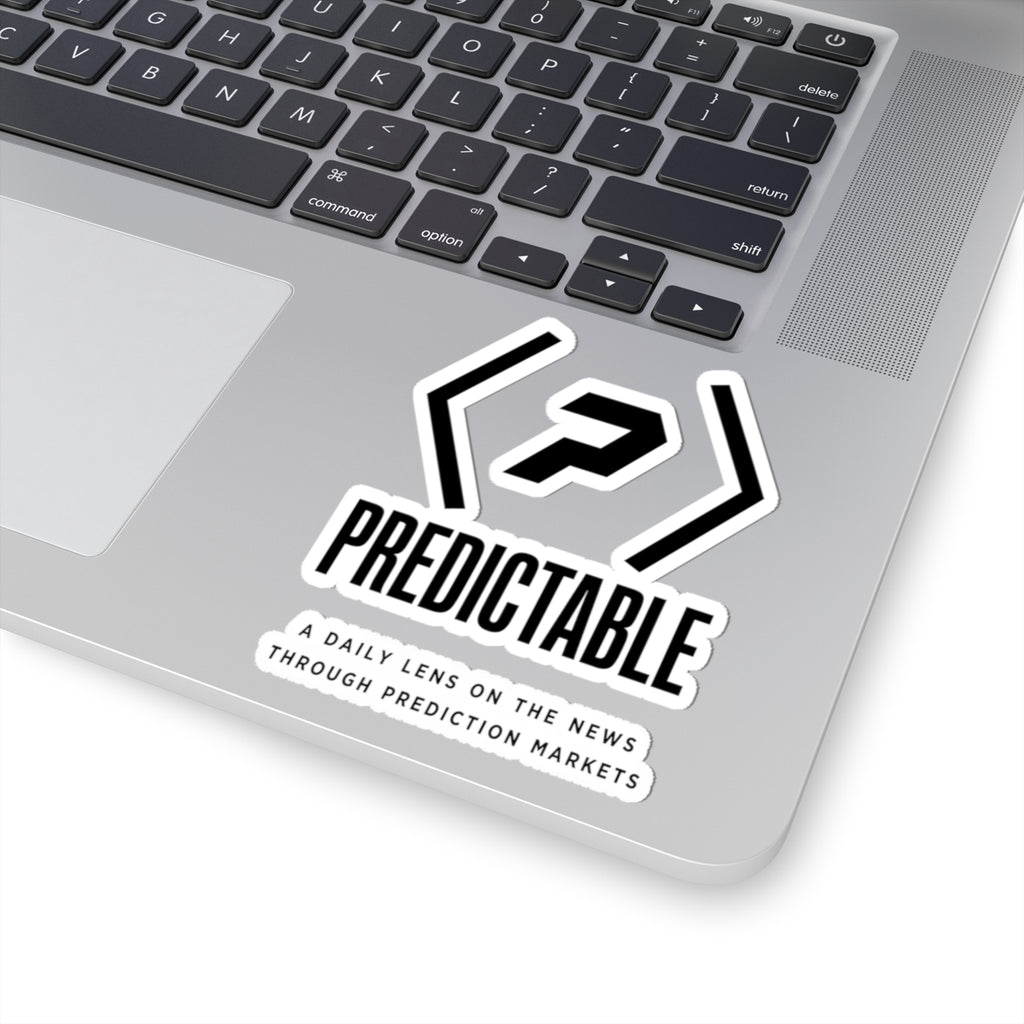 PREDICTABLE logo, wordmark and tagline sticker on a silver laptop.