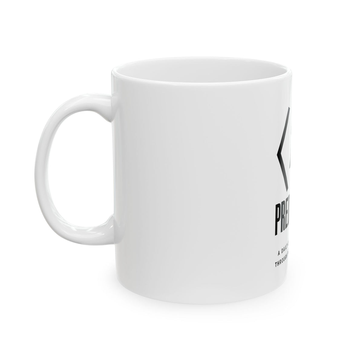 Side view of the white PREDICTABLE Wordmark Lockup Mug with the handle on the left.