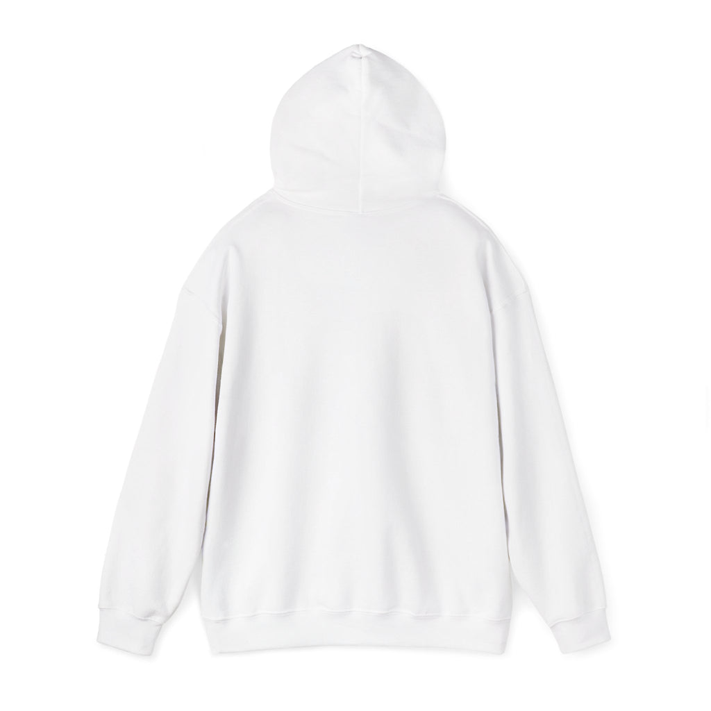 Plain back of the white PREDICTABLE Official Logo Hoodie with the hood raised.