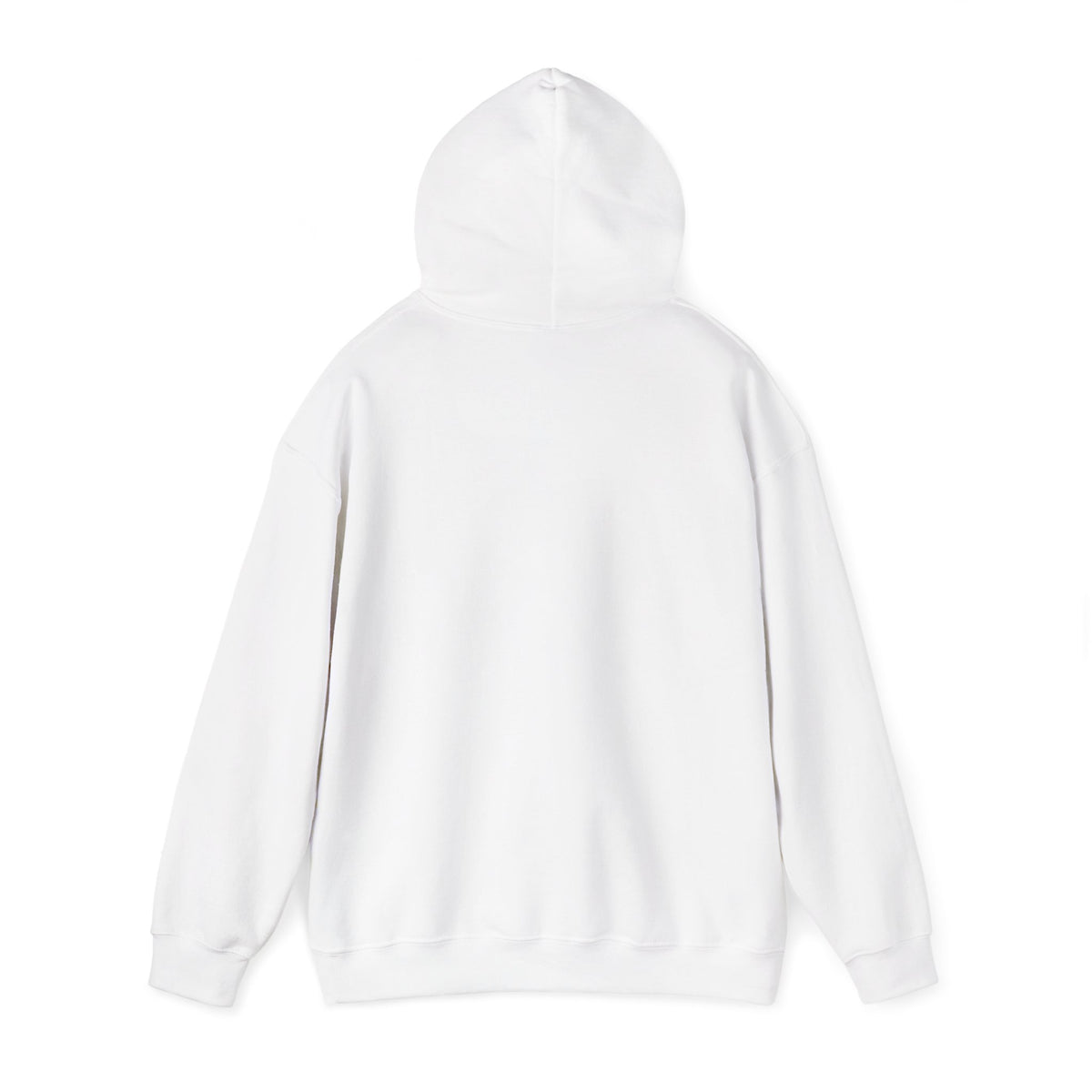 Plain back of the white PREDICTABLE Official Logo Hoodie with the hood raised.
