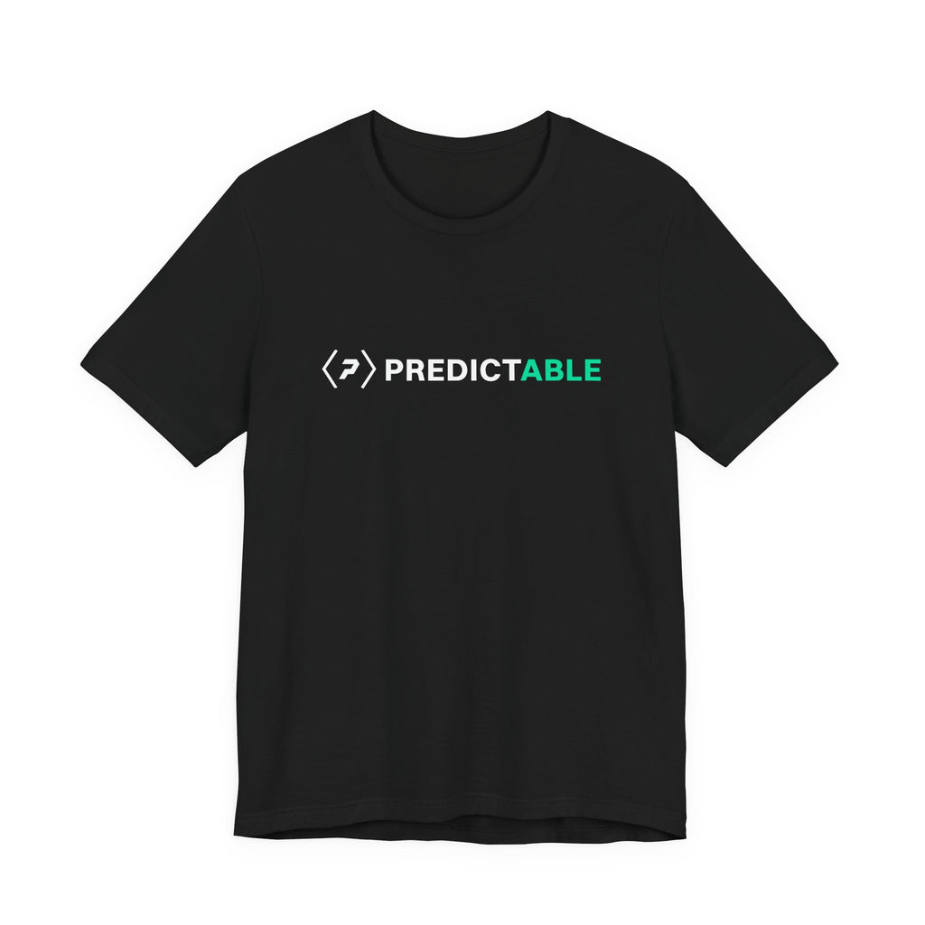 Front of a black unisex tee with a compact white official logo and PREDICTABLE wordmark in white and green across the chest.