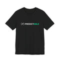 Front of a black unisex tee with a compact white official logo and PREDICTABLE wordmark in white and green across the chest.