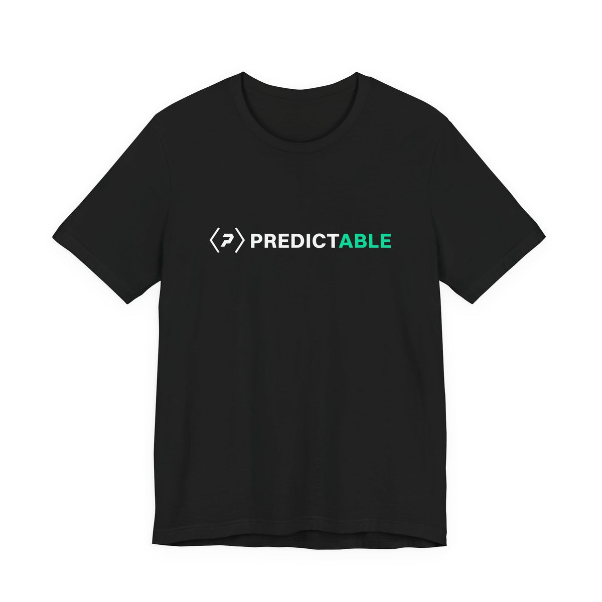 Front of a black unisex tee with a compact white official logo and PREDICTABLE wordmark in white and green across the chest.