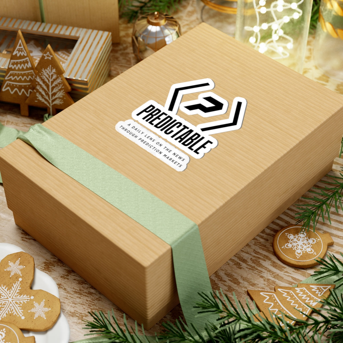 PREDICTABLE logo, wordmark and tagline sticker on a wrapped gift box.