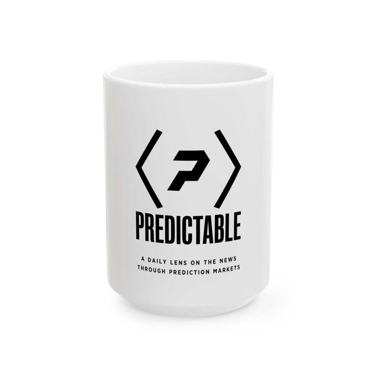 Alternate front view of the white PREDICTABLE Wordmark Lockup Mug showing its black graphic.