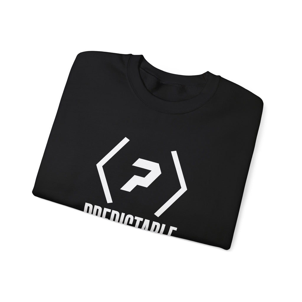 Folded black PREDICTABLE Wordmark Lockup Crewneck Sweatshirt showing part of the front graphic.