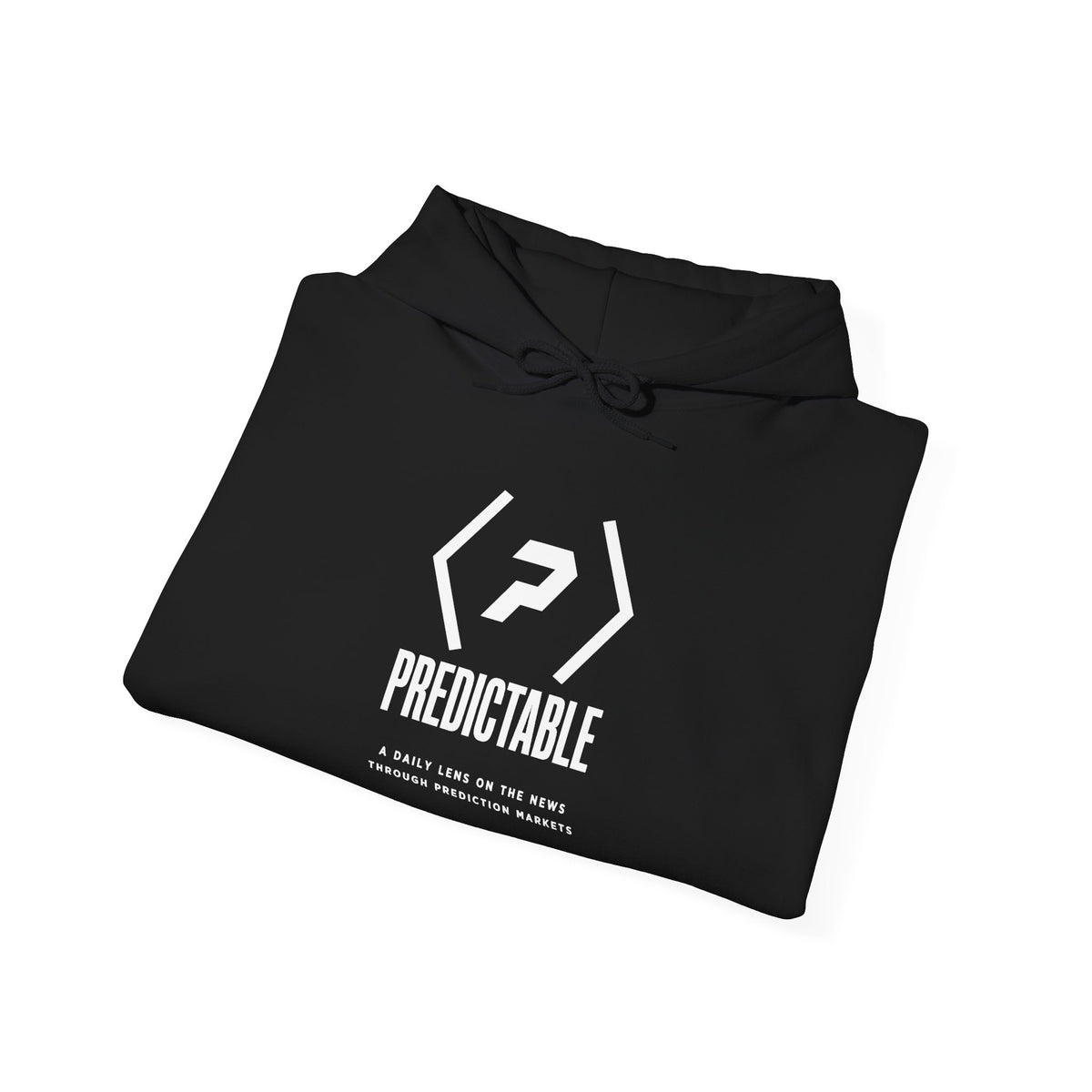 Folded black PREDICTABLE Wordmark Lockup Hoodie showing the front graphic.