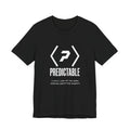 Front of the black PREDICTABLE Wordmark Lockup Tee showing the chest graphic.