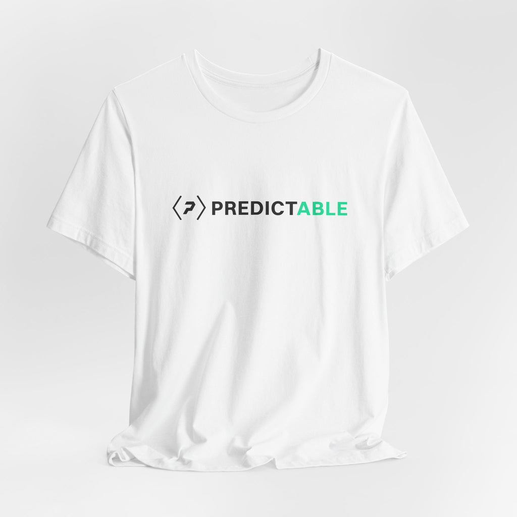 White PREDICTABLE Horizontal Lockup tee draped against a light gray backdrop, showing the black official logo and black-and-green wordmark on the chest.
