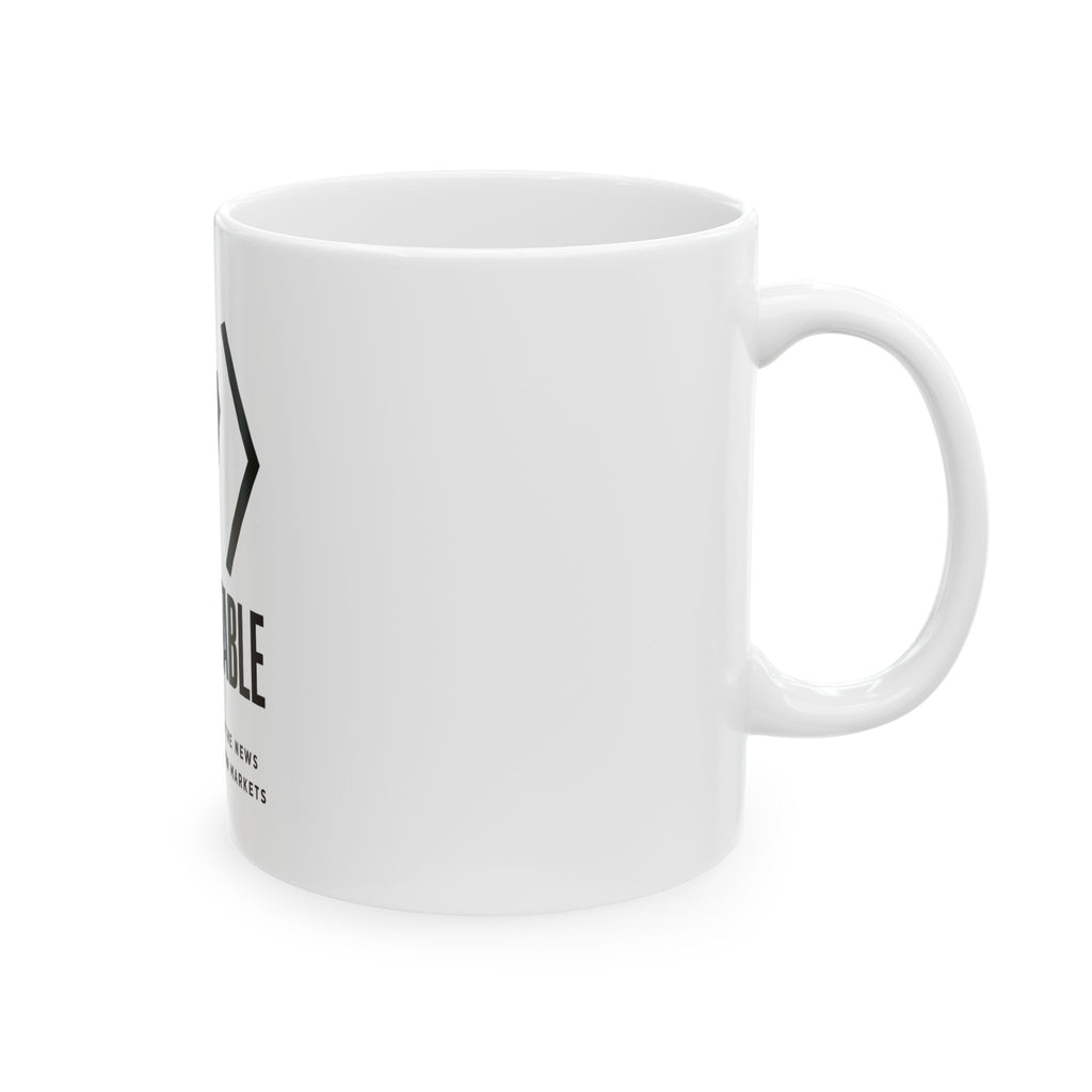 Side view of the white PREDICTABLE Wordmark Lockup Mug with the handle on the right.