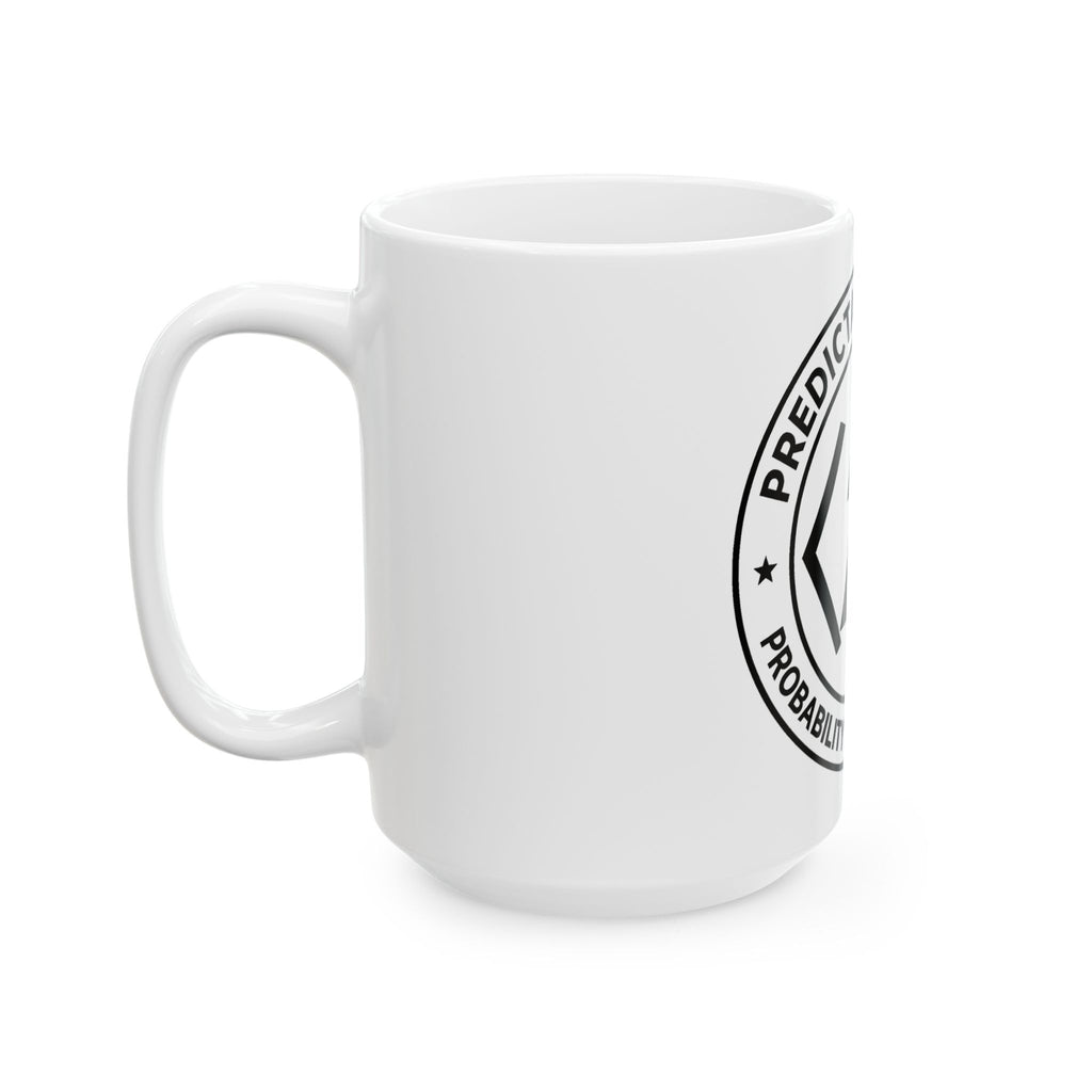White PREDICTABLE Badge Crest mug, 15 oz, left-handle side view