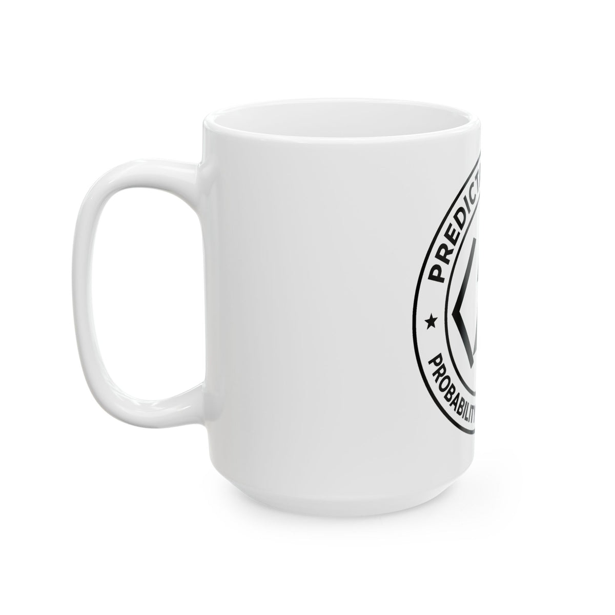 White PREDICTABLE Badge Crest mug, 15 oz, left-handle side view