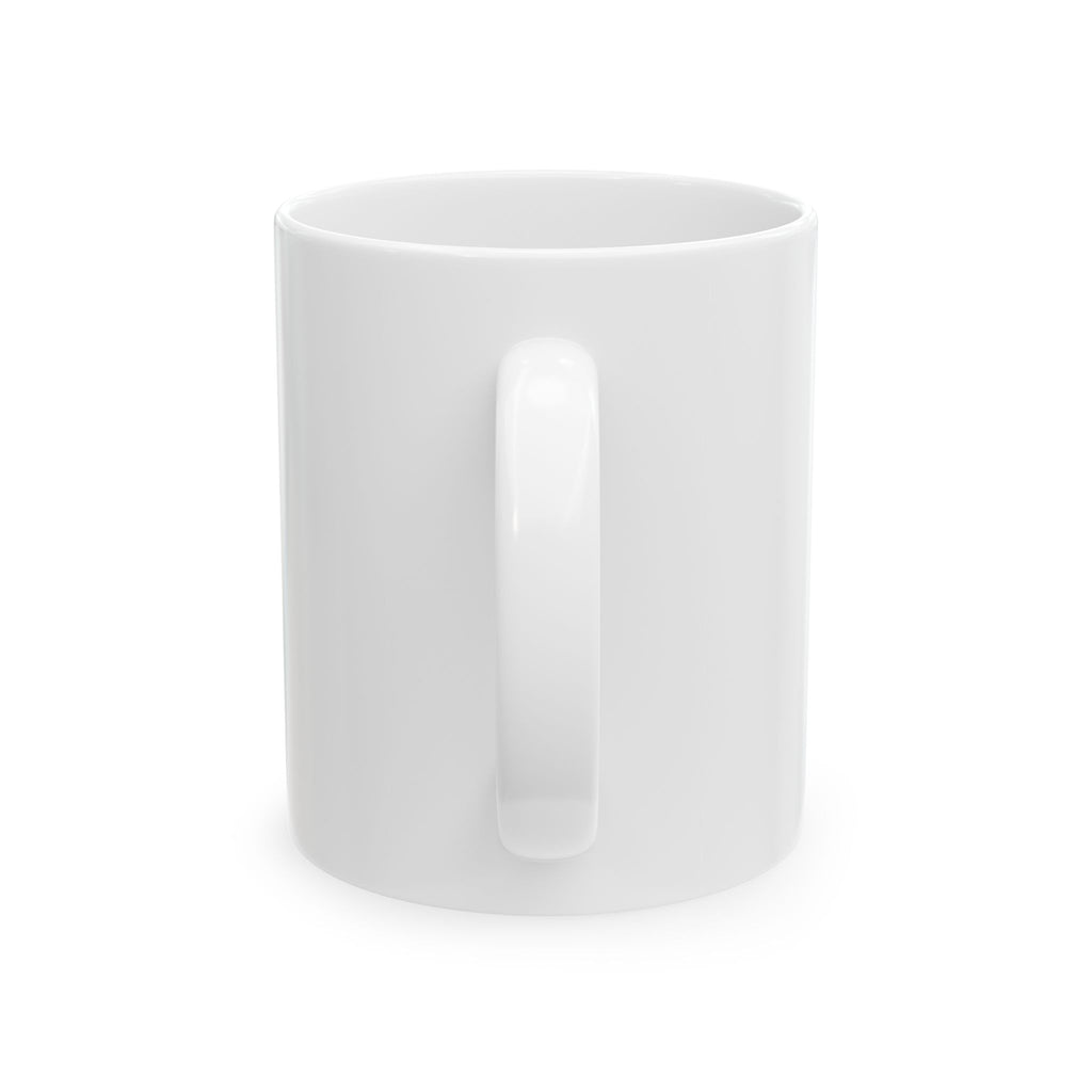 Handle-facing view of the white PREDICTABLE What Does It Actually Predict Mug, showing the unprinted area.