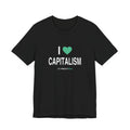 Black I Heart Capitalism T-shirt, front view with mint heart, white lettering and PREDICTABLE wordmark