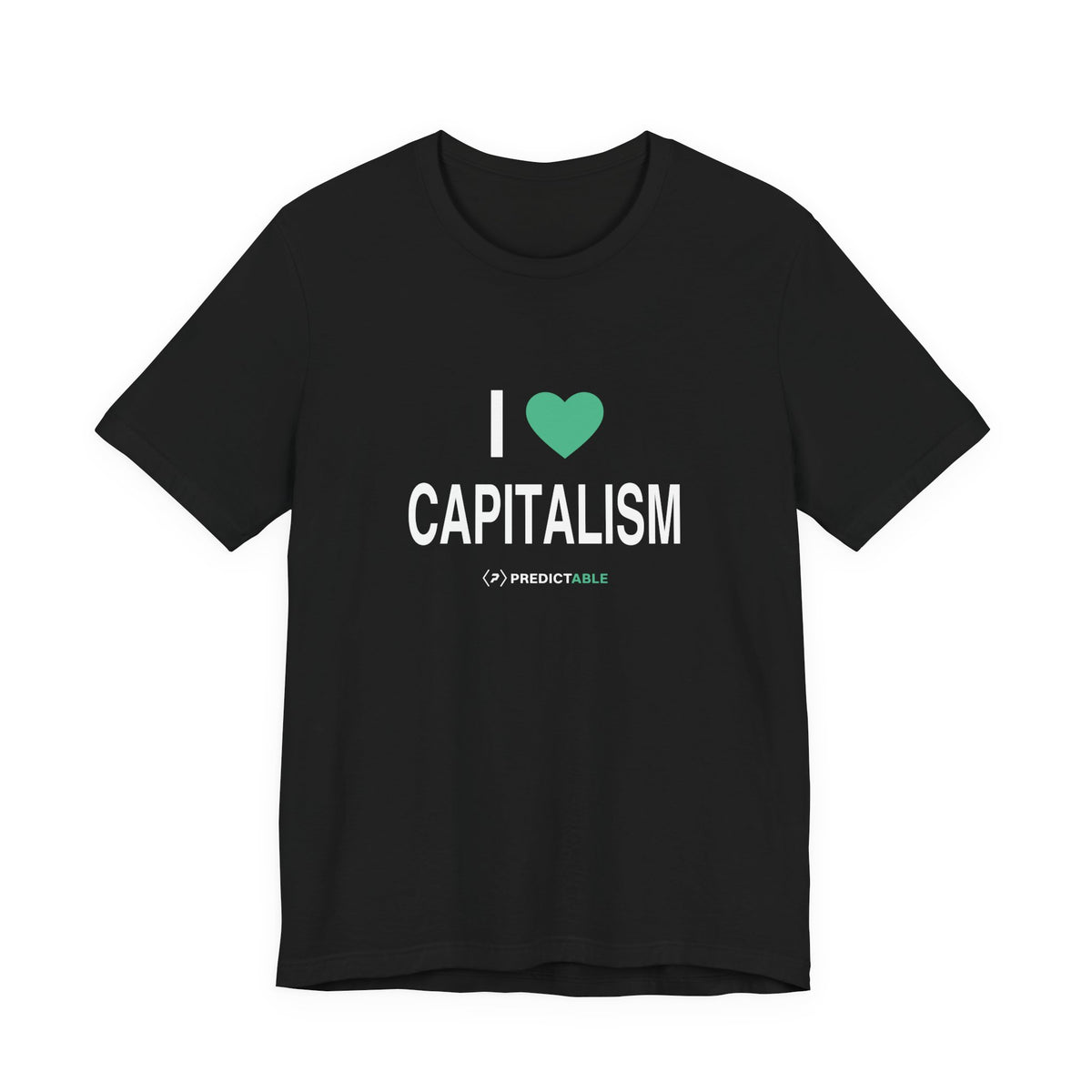 Black I Heart Capitalism T-shirt, front view with mint heart, white lettering and PREDICTABLE wordmark