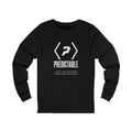 Front of the black PREDICTABLE Wordmark Lockup Long-Sleeve Tee showing the white chest graphic.