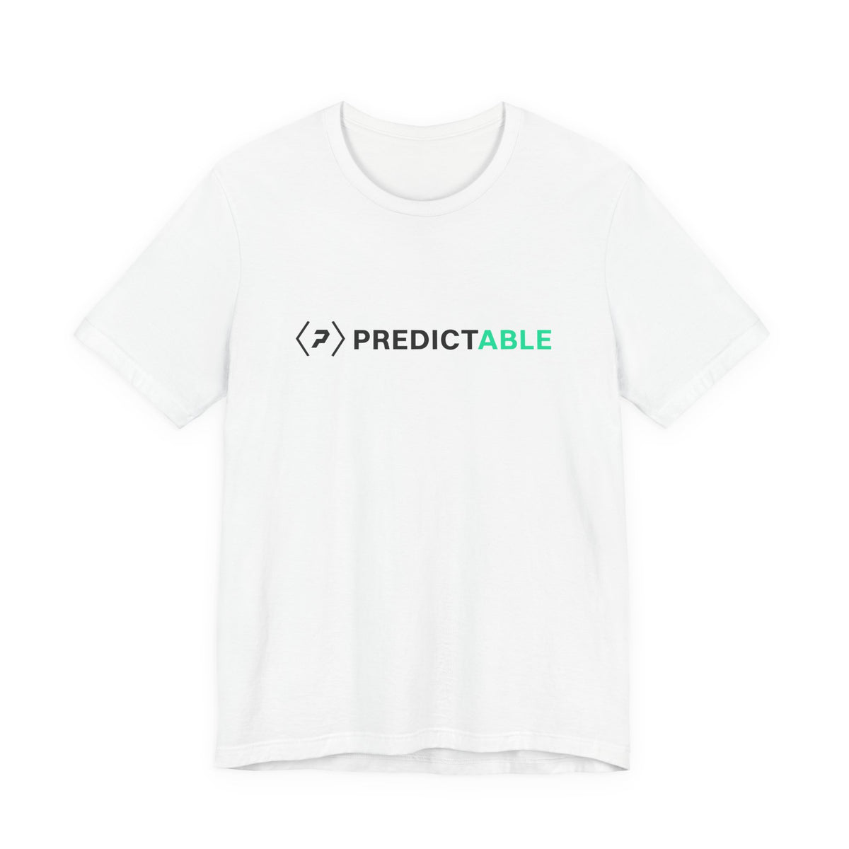 Front of a white unisex tee with a compact black official PREDICTABLE logo and wordmark in black and green across the chest.