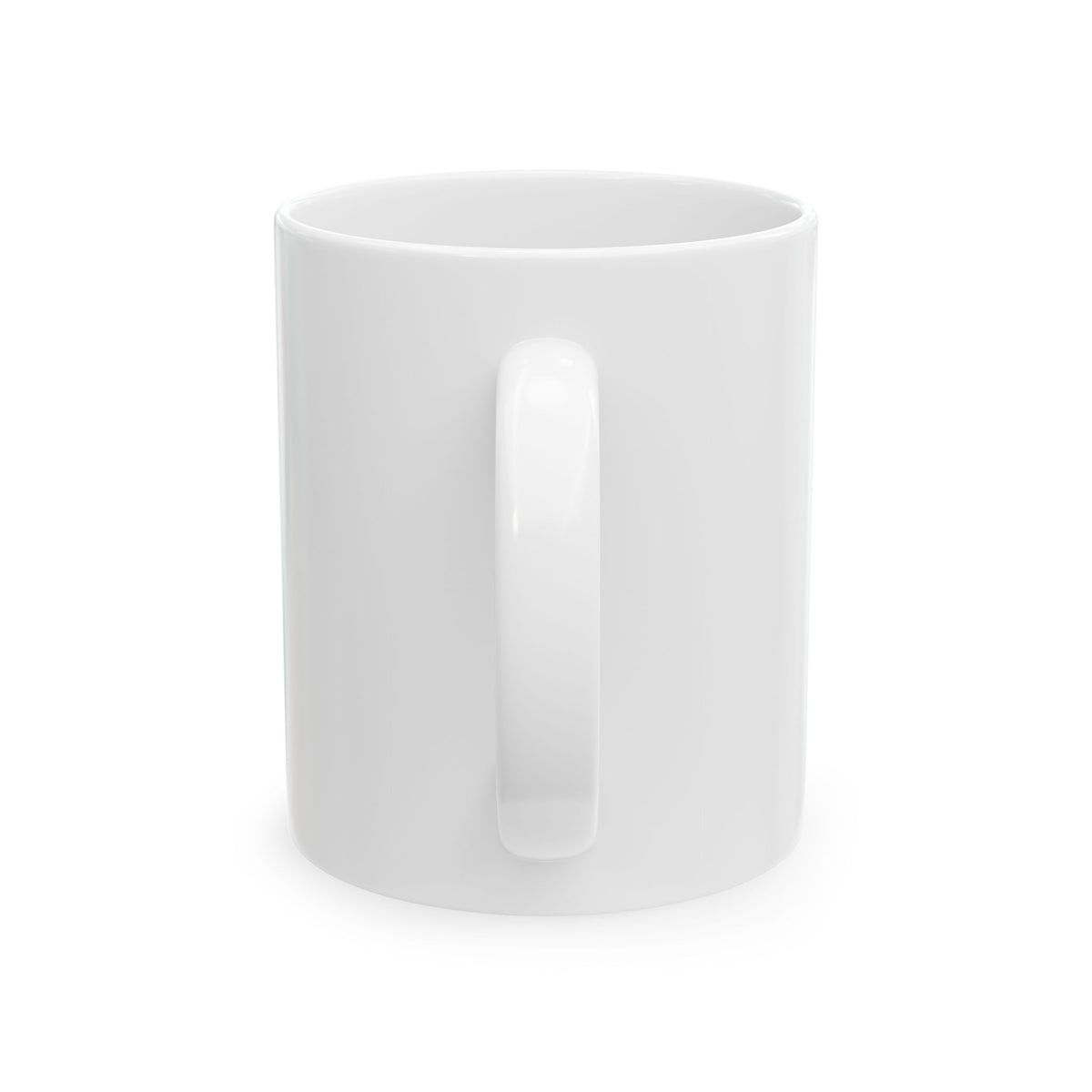 Handle-facing view of the white PREDICTABLE Wordmark Lockup Mug, showing the unprinted area.