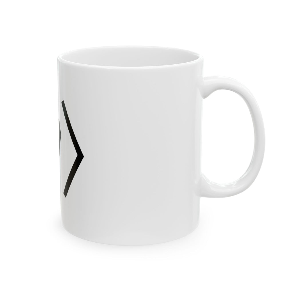 Side view of the white PREDICTABLE Official Logo Mug with the handle on the right.