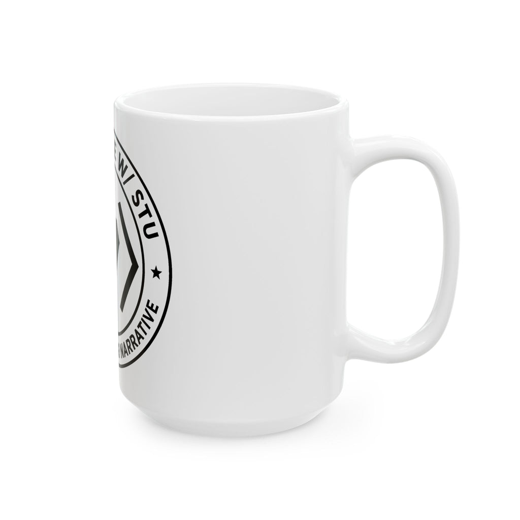 White PREDICTABLE Badge Crest mug, 15 oz, right-handle side view