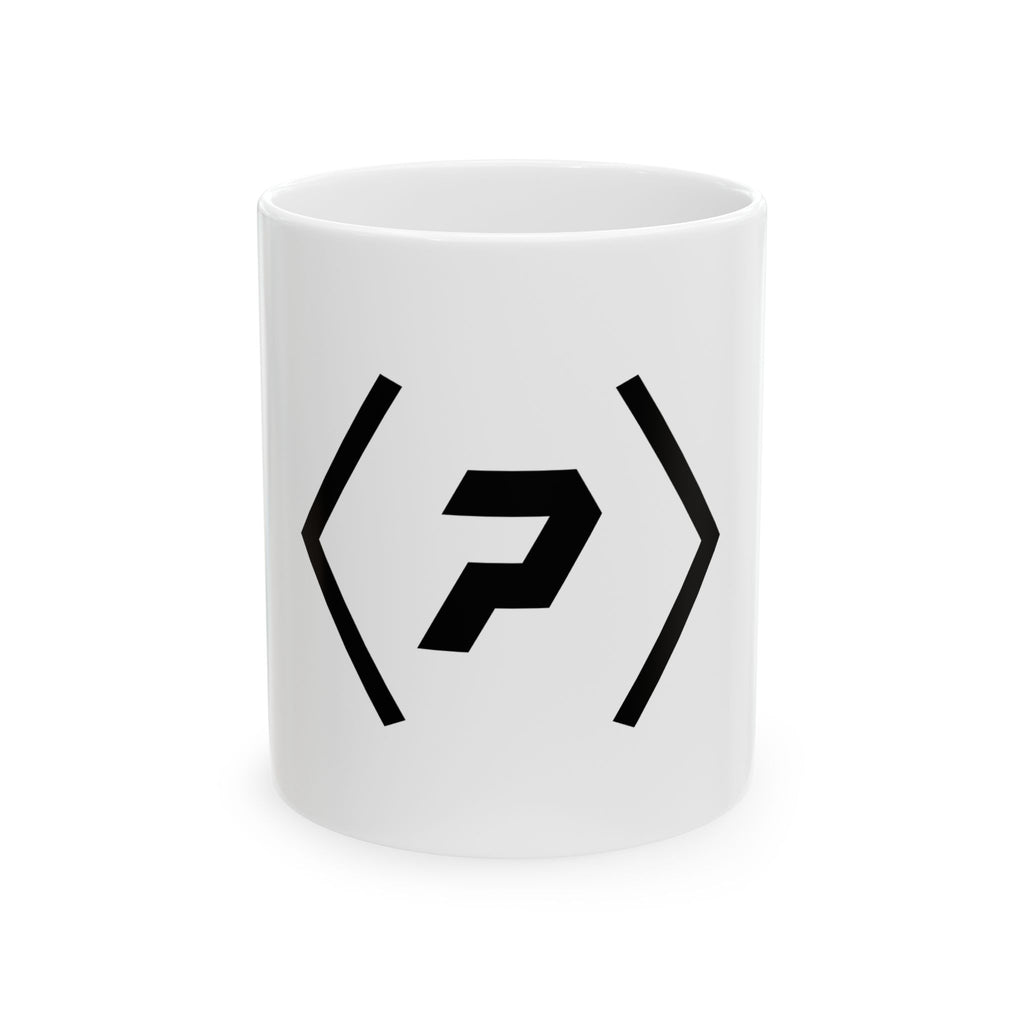 Front of the white PREDICTABLE Official Logo Mug showing its black graphic.