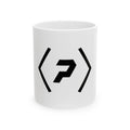 Front of the white PREDICTABLE Official Logo Mug showing its black graphic.