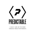 Black-and-white PREDICTABLE logo, wordmark and tagline sticker on a white background.