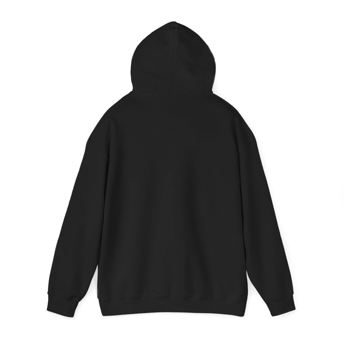 Plain back of the black PREDICTABLE Wordmark Lockup Hoodie with the hood raised.