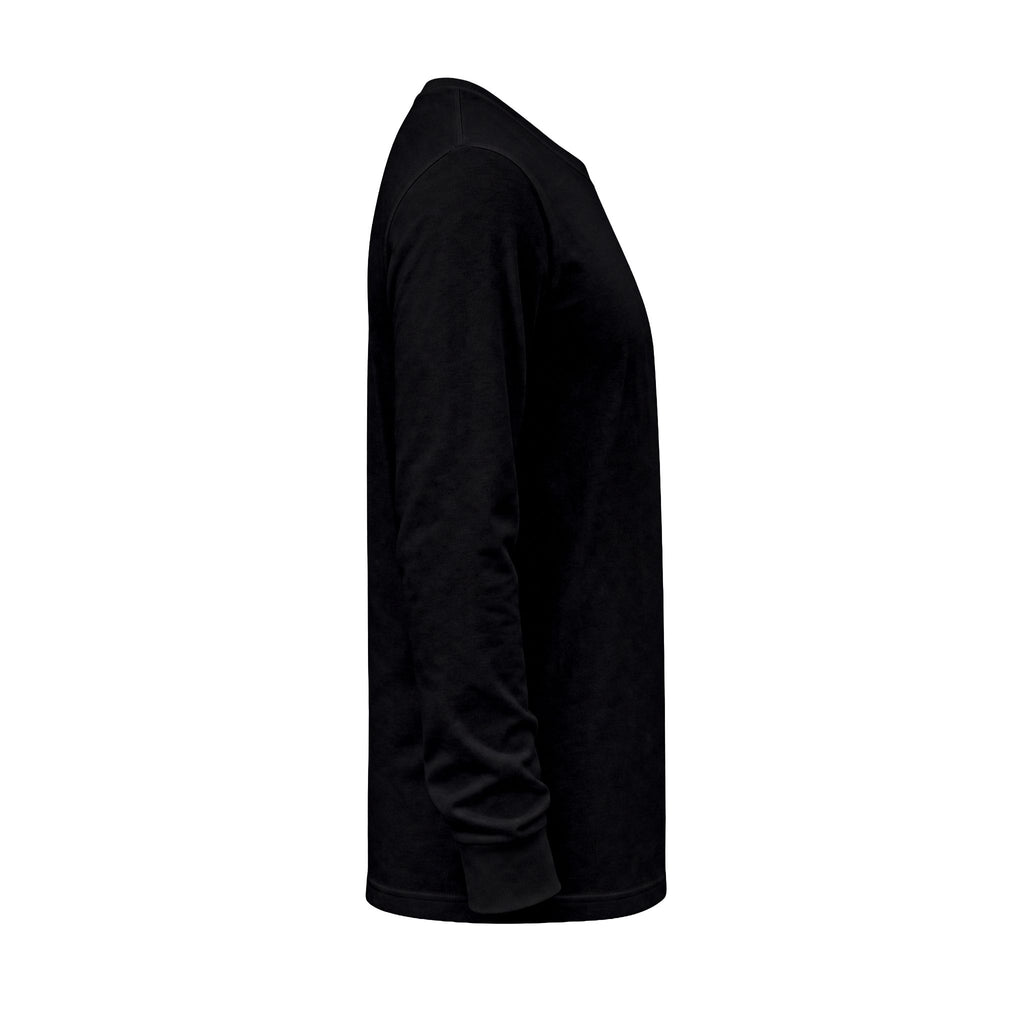 Opposite side view of the black PREDICTABLE Official Logo Long-Sleeve Tee showing the plain sleeve.