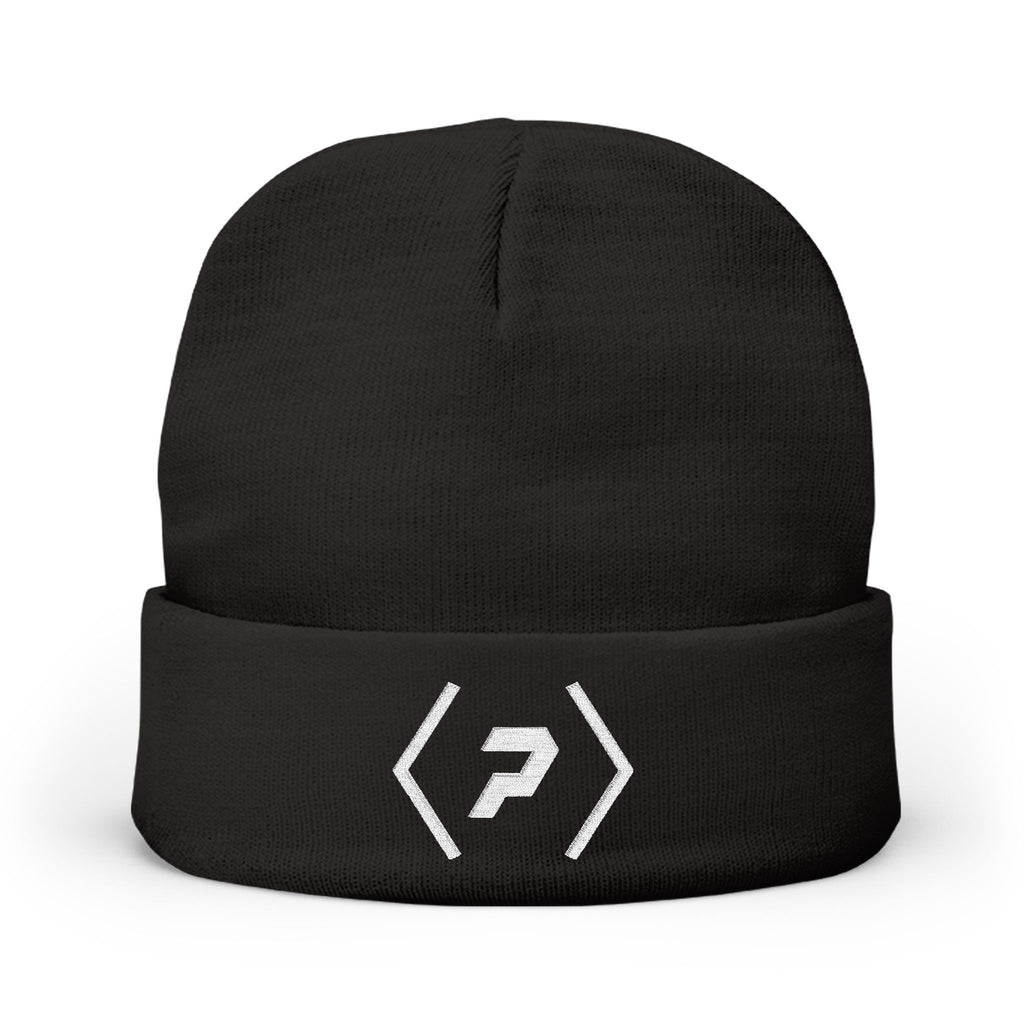 Front of the black PREDICTABLE Official Logo Beanie showing white embroidery on the folded cuff.