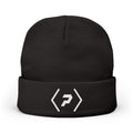 Front of the black PREDICTABLE Official Logo Beanie showing white embroidery on the folded cuff.