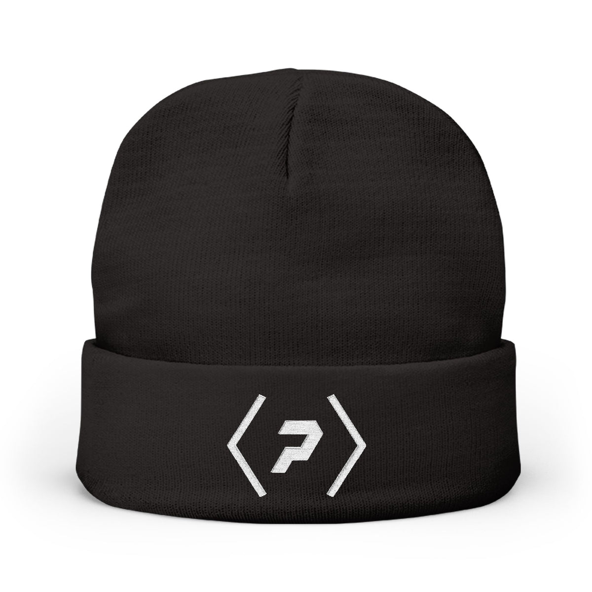 Front of the black PREDICTABLE Official Logo Beanie showing white embroidery on the folded cuff.