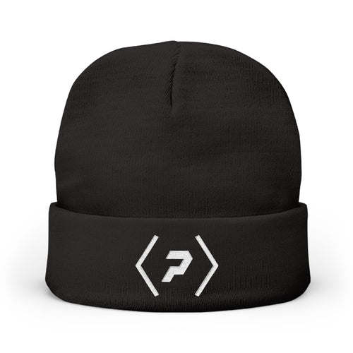 Front of the black PREDICTABLE Official Logo Beanie showing white embroidery on the folded cuff.