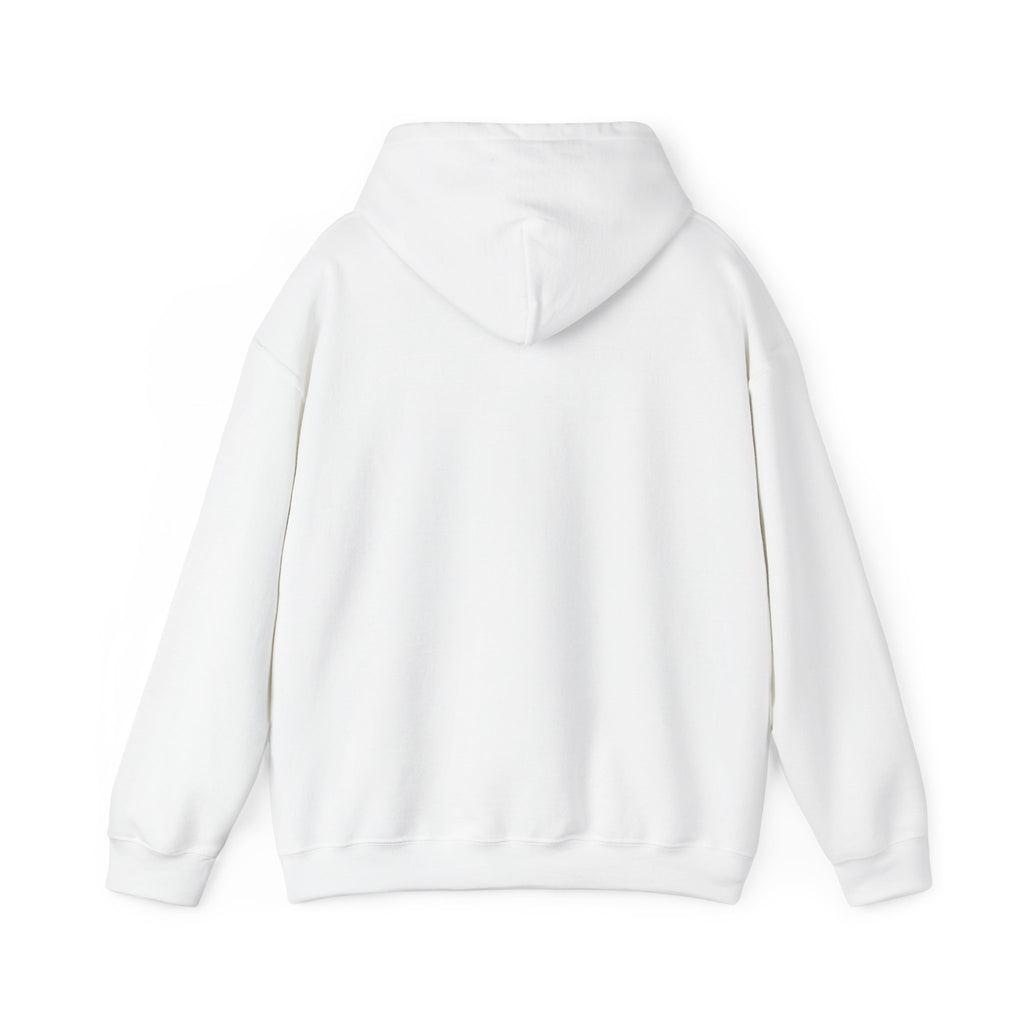 Plain back of the white PREDICTABLE Official Logo Hoodie with the hood down.