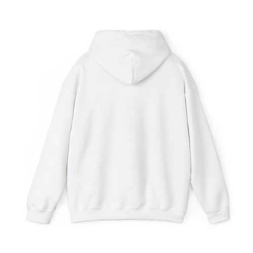 Plain back of the white PREDICTABLE Official Logo Hoodie with the hood down.