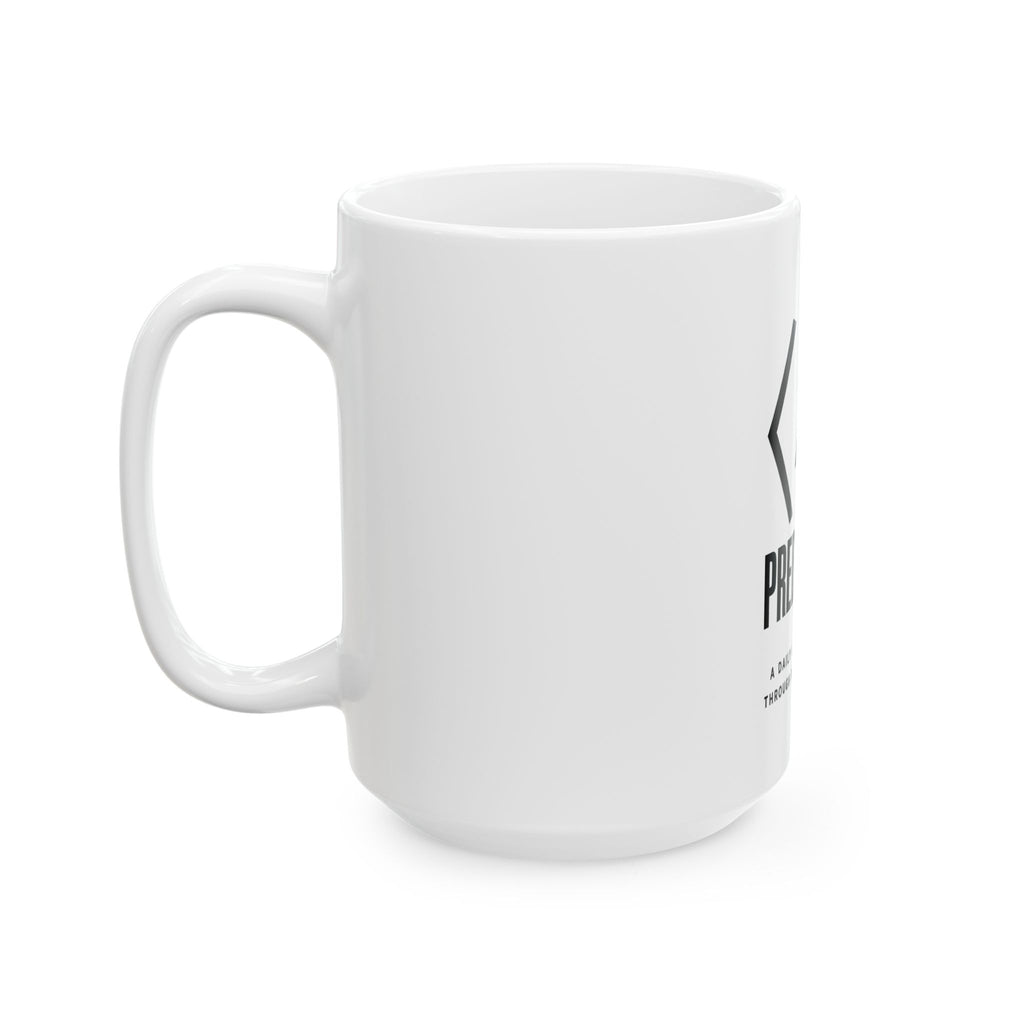 Alternate side view of the white PREDICTABLE Wordmark Lockup Mug with the handle on the left.
