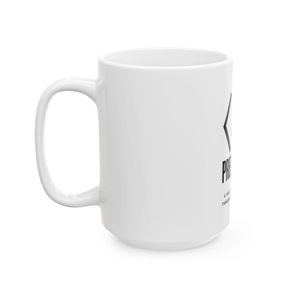 Alternate side view of the white PREDICTABLE Wordmark Lockup Mug with the handle on the left.