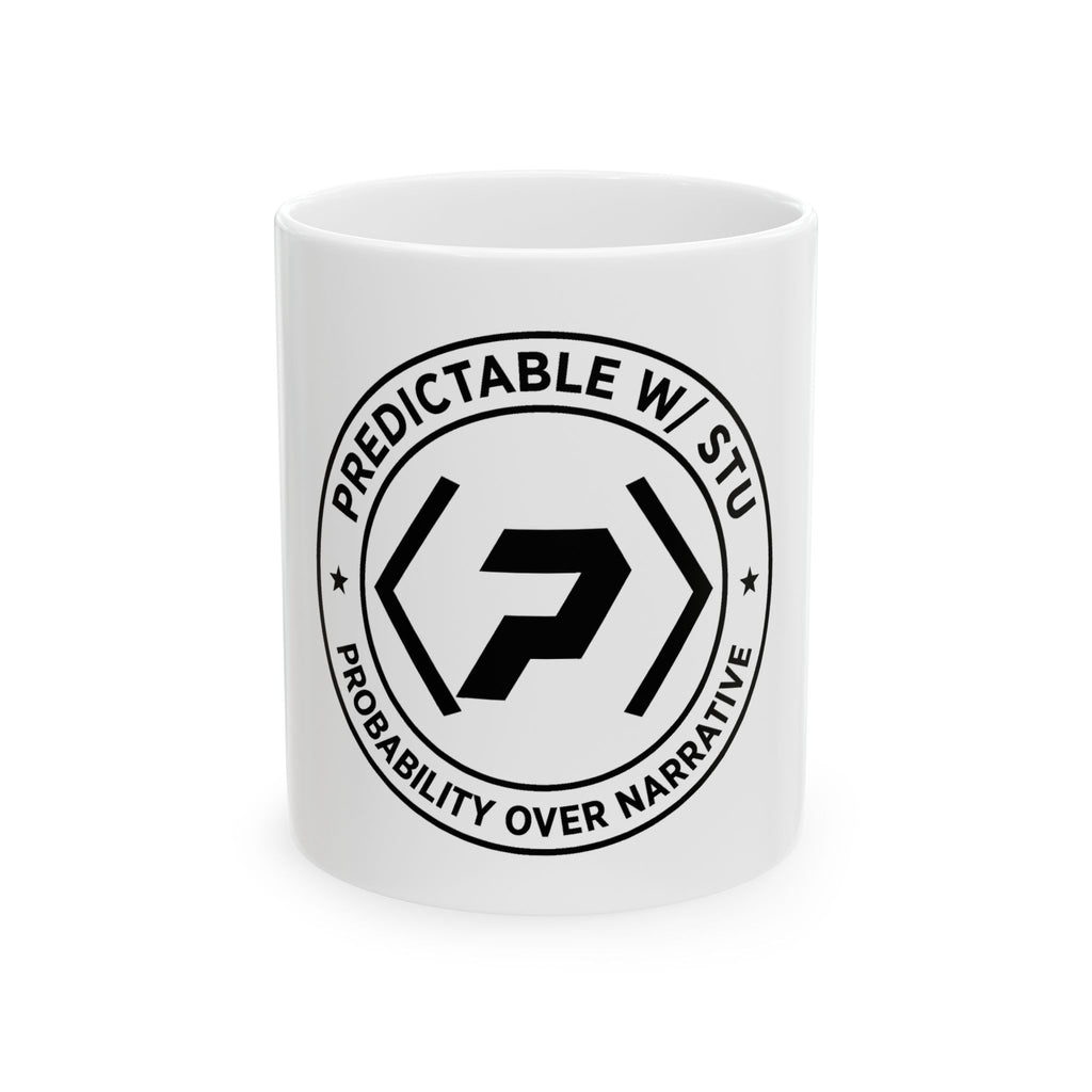 White PREDICTABLE Badge Crest mug, 11 oz, front view