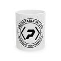 White PREDICTABLE Badge Crest mug, 11 oz, front view