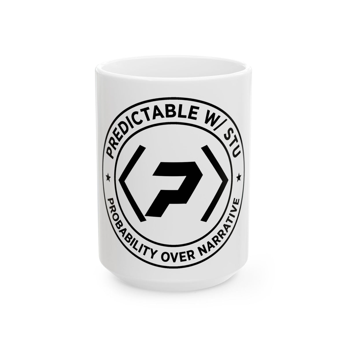 White PREDICTABLE Badge Crest mug, 15 oz, front view