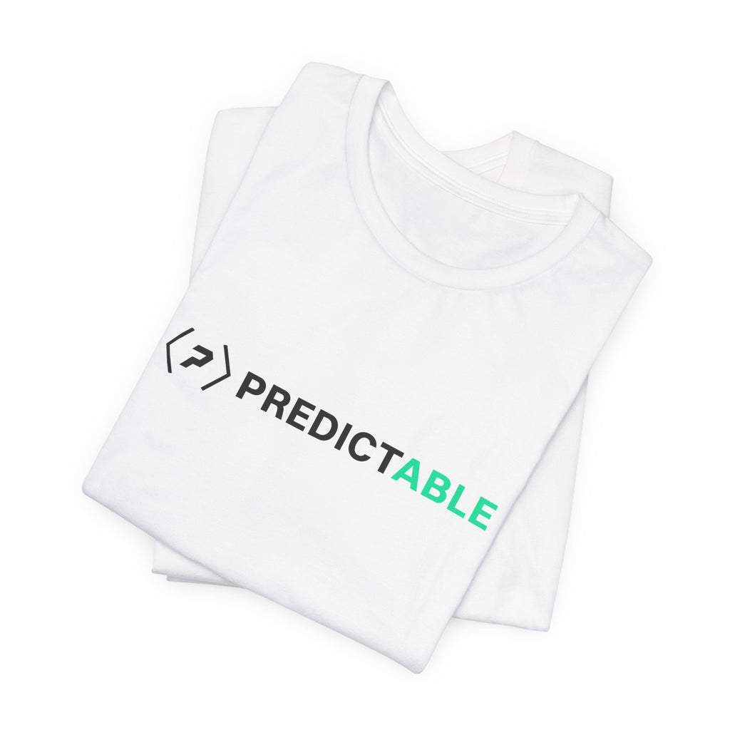 Folded white PREDICTABLE Horizontal Lockup tee showing the black official logo and black-and-green wordmark across the front.